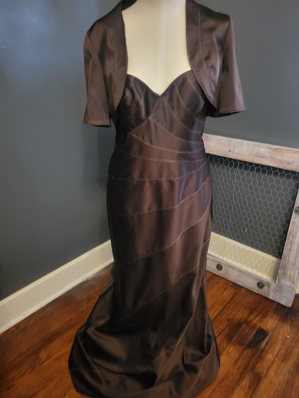 JS Collections Chocolate Strapless Satin Gown with Bolero